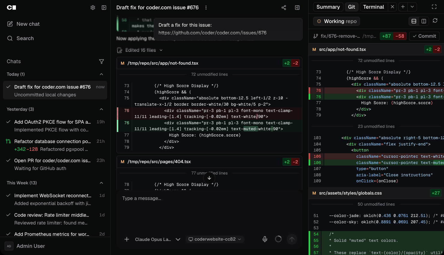 Coder Agents chat interface with git diff sidebar
